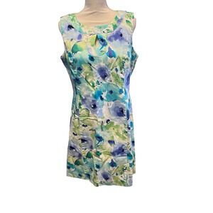 Chaps Women's size 16 blue flower dress sleeveless key hole A line knee length